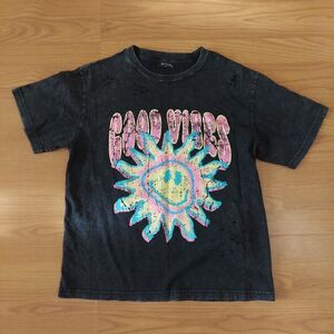 Grey Acid Wash Oversized Graphic Tee Good Vibes Distressed Sun Sz Small